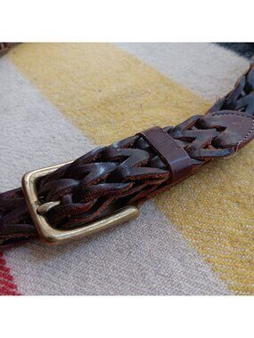 Vintge Mens Boho Belt 38 Large Woven Brown Leather Brass Buckle Made In Mexico